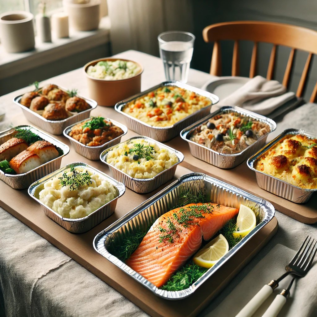 A Nordic-style dining setup featuring aluminum foil containers filled with traditional Norwegian dishes. The containers hold vibrant foods like grille
