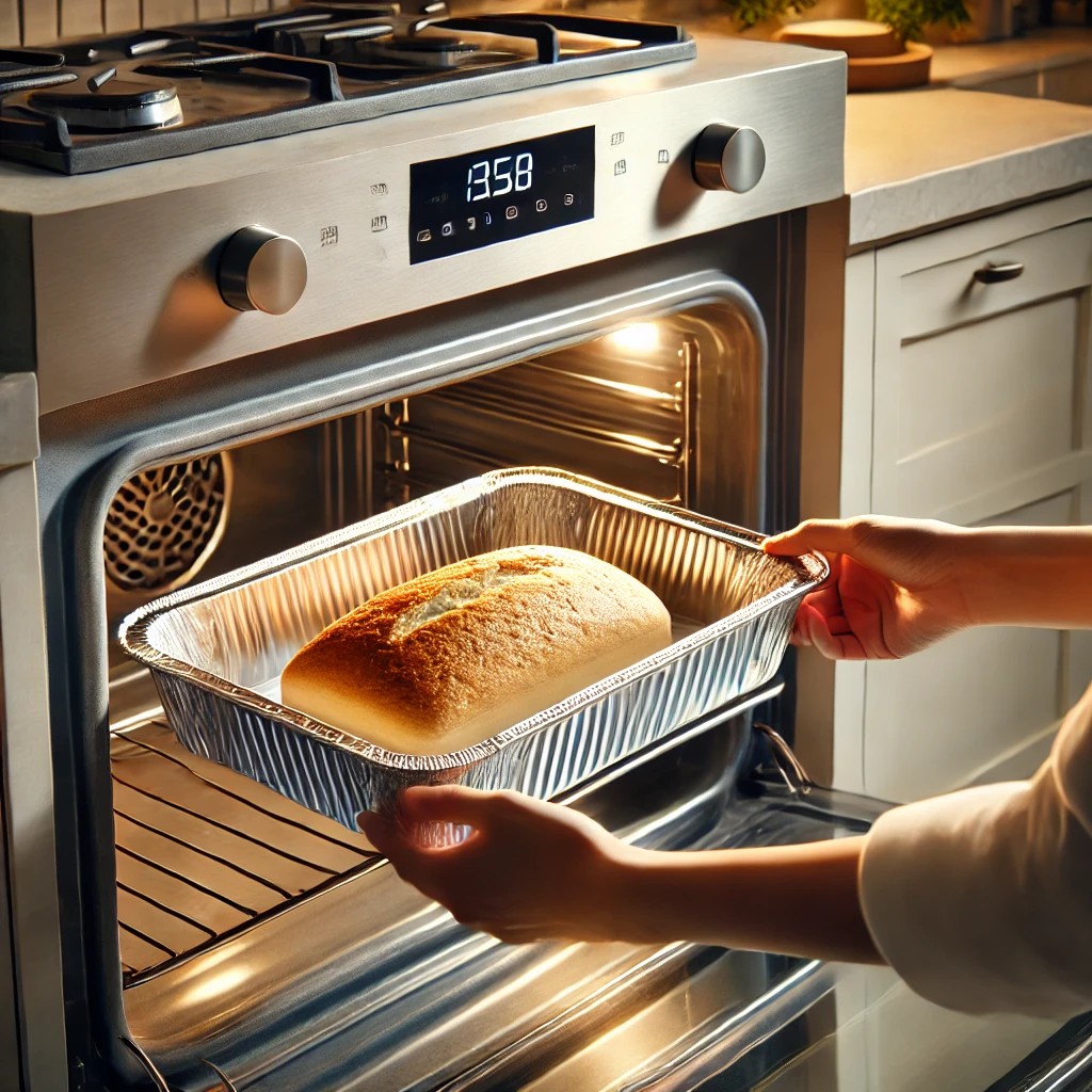 aluminum foil tray bake bread in the oven