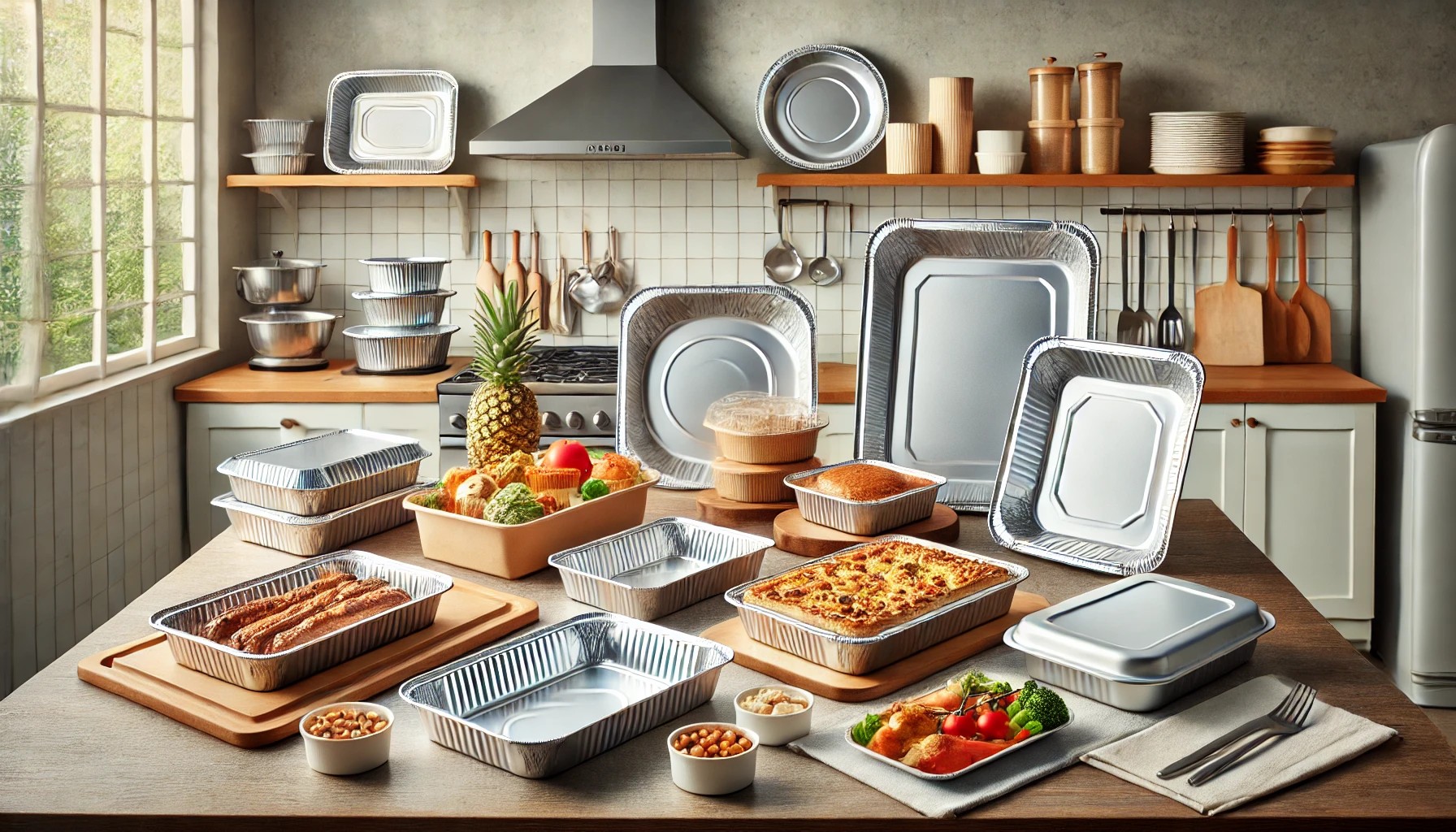 A collection of various aluminum foil tableware items displayed on a clean